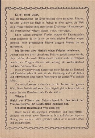  
Dannunziana - Volo su Vienna , volantino tedesco "Es ist nicht wahr..." 
 cm.16x23,6