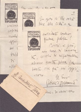  
D'Annunzio Gabriele (1863-1938), Fiume, lettera autografa 1920
 cm.22x27