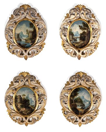 Scuola emiliana del XVIII secolo () Serie di quattro paesaggi su tele ovali...