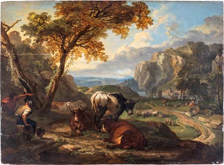 Scuola romana del XVII/XVIII secolo () Paesaggio di campagna con figure e...