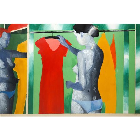 Vincenzo Marano (Acicastello 1938 - 2016)  - Donna di spalle con vestito rosso in mano