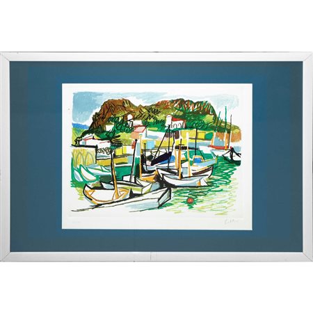 Renato Guttuso (Bagheria 1911 - Roma 1987)  - Barche in porto sotto monte Pellegrino, omaggio a Picasso.