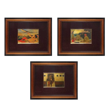 Salvatore Fiume (Comiso 1915 - Milano 1997)  - Trittico di Litografie di viaggio con mezzi di trasporto