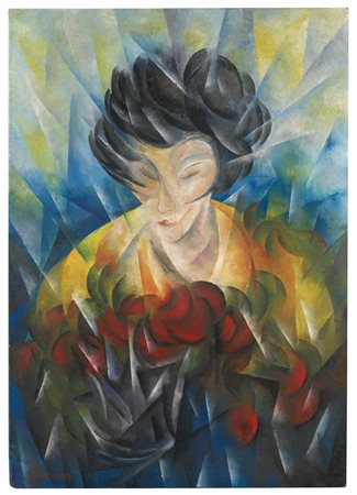 Roberto Marcello Baldessari 1894-1965 DONNA + FIORI ROSSI firmato olio su...