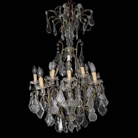 Lampadario con struttura in metallo, brindoli in vetro, 13 luci, Early 20th century