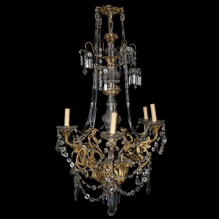 Lampadario a 6 luci con fusto in ottone dorato e vetro con brindoli e piattini in vetro