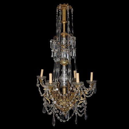 Lampadario con fusto in ottone e vetro con brindoli e piattini in vetro