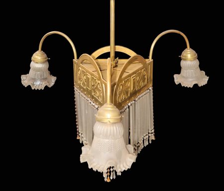 Lampadario a 5 luci con canule in vetro, Liberty (early 20th century)