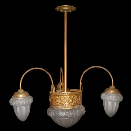 Lampadario a 4 luci, vetri decorati a motivi floreali, Art Nouveau period (early 20th century)