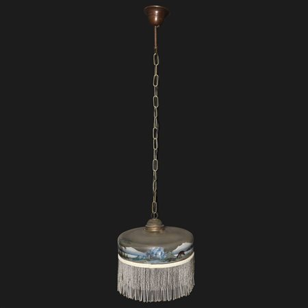 Lampadario Liberty in vetro dipinto con paesaggio con frangia di perline a giro