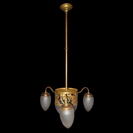Lampadario 4 luci vetri a pigna, Liberty (early 20th century)