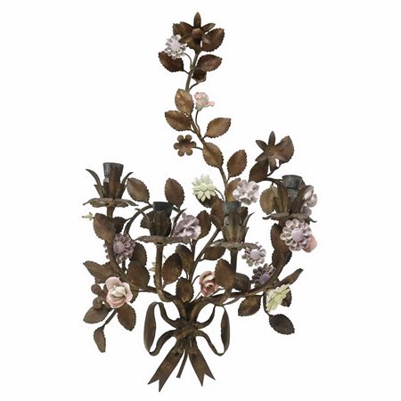 Capodimonte - Applique a 4 luci metallo dorato con applicazioni di fiori in porcellana di Capodimonte, early 20th century
