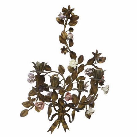 Capodimonte - Applique a 4 luci metallo dorato con applicazioni di fiori in porcellana di Capodimonte, Early 20th century