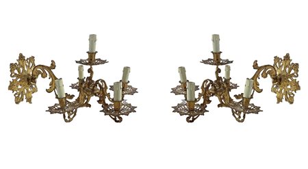 Coppia di applique a cinque luci in bronzo dorato, 19th century