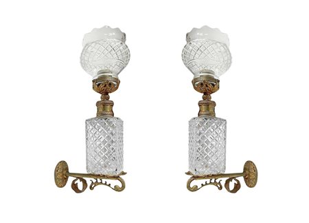 Coppia di appliques in bronzo e vetro, Early 20th century