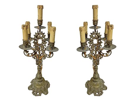 Candelabri da tavolo a cinque luci in ottone dorato, 19th century