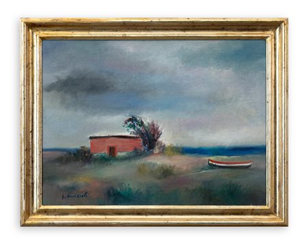 GIOVANNI OMICCIOLI (1901-1975) - Casa rosa con barca a Fiumicino, 1959