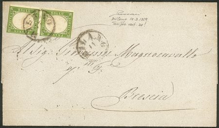 Antichi Stati Italiani - Lombardo Veneto - Lettera affrancata con Sardegna coppia verticale c.5 verde giallo (13Ba)