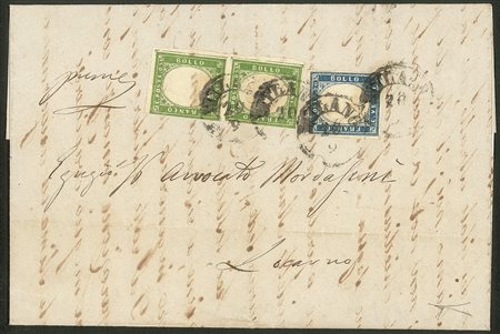 Antichi Stati Italiani - Lombardo Veneto - Lettera per la Svizzera affrancata con Sardegna coppia verticale c.5 verde giallo + c.20 azzurro scuro (13Ba+15B)