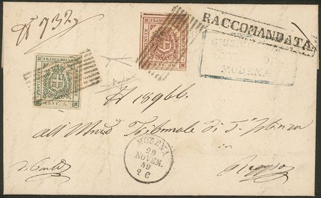 Antichi Stati Italiani - Modena - Raccomandata da Modena a Reggio affrancata con 1 es. 5 cent. verde + 40 cent. carminio