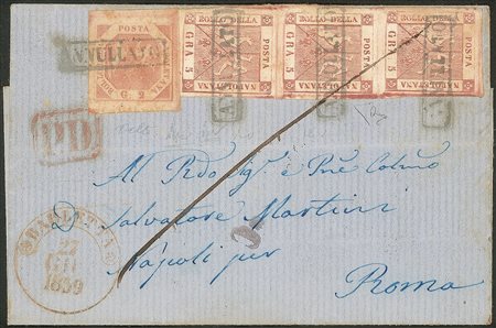 Antichi Stati Italiani - Napoli - Lettera con striscia di tre del 5 grana + esemplare 2 grana (8+7)