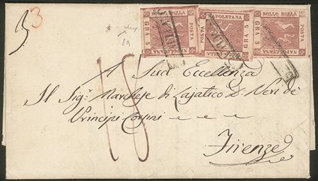 Antichi Stati Italiani - Napoli - Lettera affrancata con tre esemplari del 5 grana rosa brunastro (8a cat.8750)