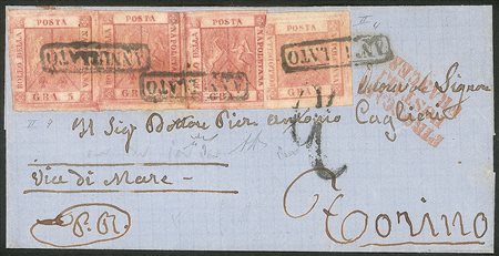 Antichi Stati Italiani - Napoli - Letterina affrancata con coppia + singolo del 5 grana rosa II tavola + 1 grano rosa carminio II tavola (4 + 9 cat.8725)