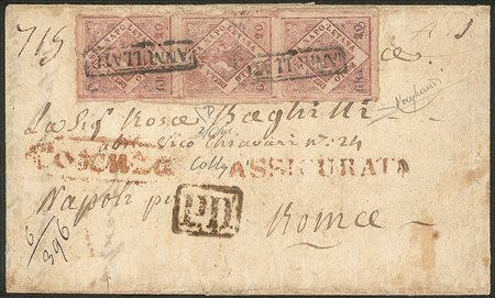 Antichi Stati Italiani - Napoli - Rara lettera affrancata con striscia verticale di tre del gr.20 rosa lillaceo