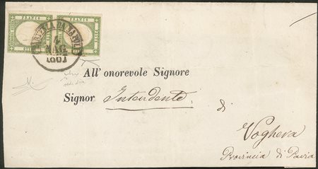 Antichi Stati Italiani - Napoli - Lettera affrancata con coppia verticale del 1/2 tornese verde oliva (17b cat.7000)