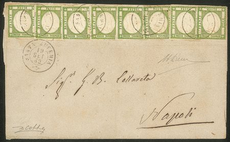 Antichi Stati Italiani - Napoli - Lettera affrancata con otto francobolli delle Provincie Napoletane da 1/2 tornese verde giallo