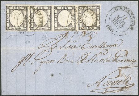 Antichi Stati Italiani - Napoli - Lettera affrancata con striscia orizzontale di quattro del 1 grano nero (19 cat.5000)