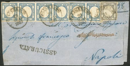 Antichi Stati Italiani - Napoli - 1861 - striscia di quattro + coppia del 2 grana azzurro chiaro + 1 grano grigio scuro (20 + 19a)