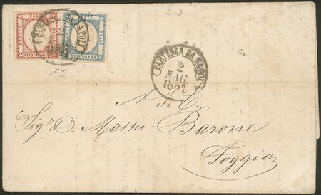 Antichi Stati Italiani - Napoli - Lettera affrancata con 5 grana rosso carminio + 2 grana azzurro chiaro