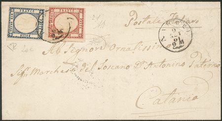 Antichi Stati Italiani - Napoli - Lettera affrancata con 5 grana rosso carminio + 2 grana indaco esemplare con due ritocchi (20e + 21 cat.1350)