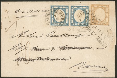 Antichi Stati Italiani - Napoli - 10 grana bistro arancio (22d - perfetto) + coppia del 2 grana azzurro (20b - piega verticale a sinistra)