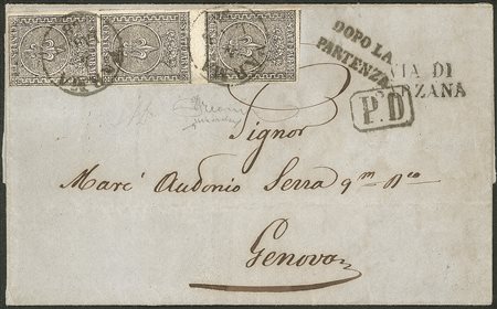 Antichi Stati Italiani - Parma - Lettera con striscia verticale di tre c.10 bianco