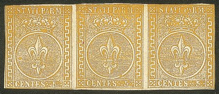 Antichi Stati Italiani - Parma - 1853 - Striscia orizzontale di tre c.5 giallo arancio (6)