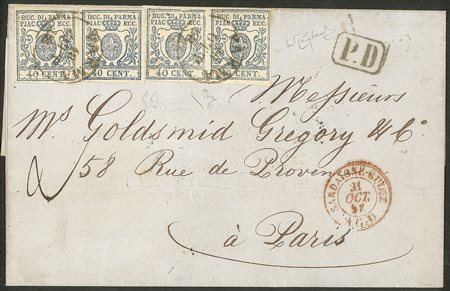 Antichi Stati Italiani - Parma - Lettera di doppio porto da Parma a Parigi il 18 ottobre 1858 affrancata per 160 cent.