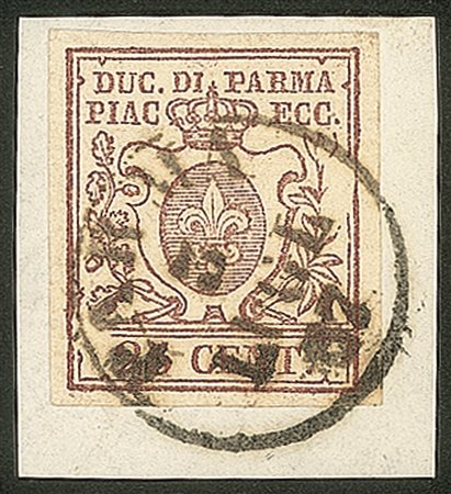 Antichi Stati Italiani - Parma - Frammento con c.25 bruno lilla annullo PARMA 3 LUGL.57