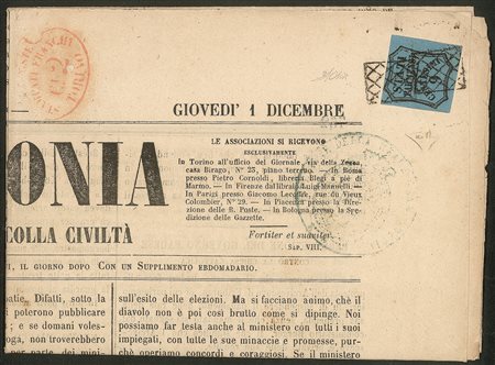 Antichi Stati Italiani - Parma - Giornale L'ARMONIA del 1 dicembre 1853 affrancato con Segnatasse c.9 azzurro
