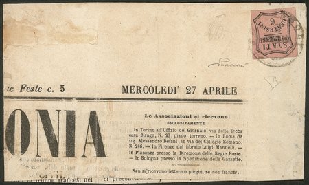 Antichi Stati Italiani - Parma - Testata di Giornale L'ARMONIA affrancato con segnatasse c.6 rosa