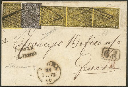 Antichi Stati Italiani - Parma - Lettera con c.5 giallo singolo più striscia verticale di tre + c.10 nero annullati a losanga + cerchio piccolo PARMA 25 FEBB.59