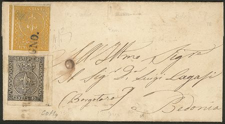 Antichi Stati Italiani - Parma - Lettera con c.10 nero, angolo di foglio prima emissione + c.5 giallo arancio seconda emissione