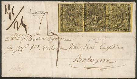 Antichi Stati Italiani - Parma - Lettera con striscia di tre c.5 giallo arancio