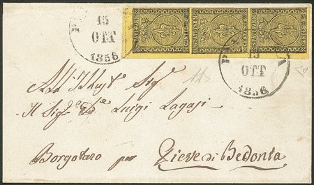 Antichi Stati Italiani - Parma - Lettera con striscia verticale di tre c.5 giallo arancio