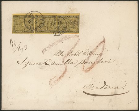 Antichi Stati Italiani - Parma - Lettera con striscia verticale di tre del c.5 giallo arancio