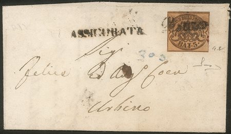 Antichi Stati Italiani - Stato Pontificio - Raccomandata da Pesaro (cors.) a Urbino con 3 baj bistro arancio