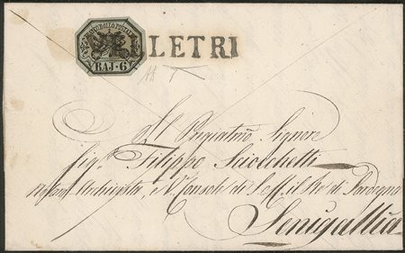 Antichi Stati Italiani - Stato Pontificio - Da Velletri a Senigallia il 16 dicembre 1852 con 6 baj con taglio esagonale (Sass. 7)