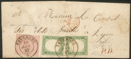 Antichi Stati Italiani - Sardegna - Lettera per la Francia con seconda emissione c.40 rosa + quarta emissione due esemplari c.5 verde pisello (6a+13c)