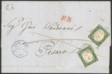 Antichi Stati Italiani - Sardegna - Circolare con due esemplari c.5 verde smeraldo (!3g)